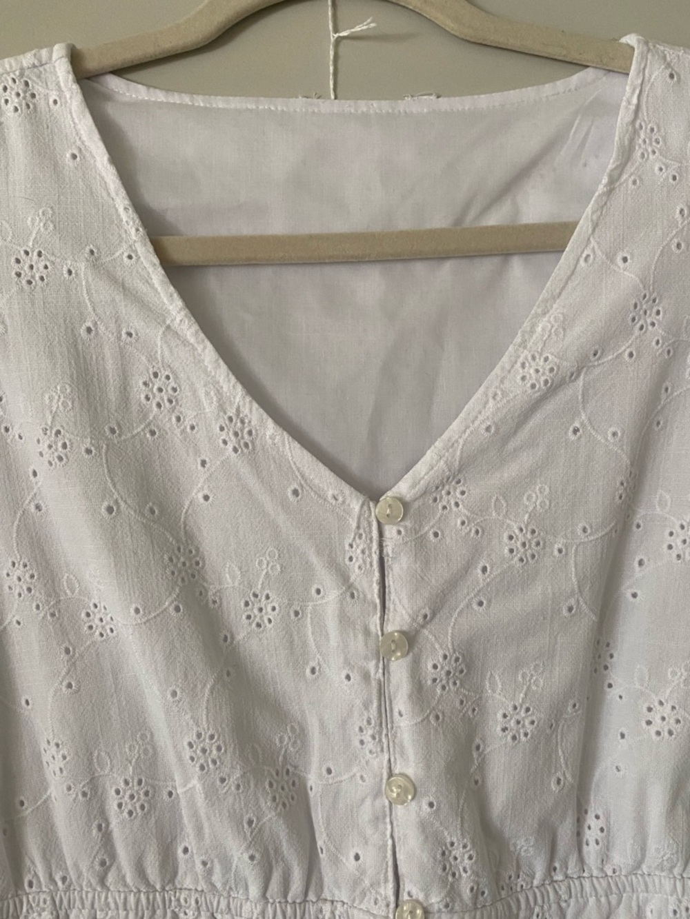 White Eyelet Whimsy Garden Cottage Prairie V-Neck Smocked Peplum Lined Blouse - Picture 4 of 7